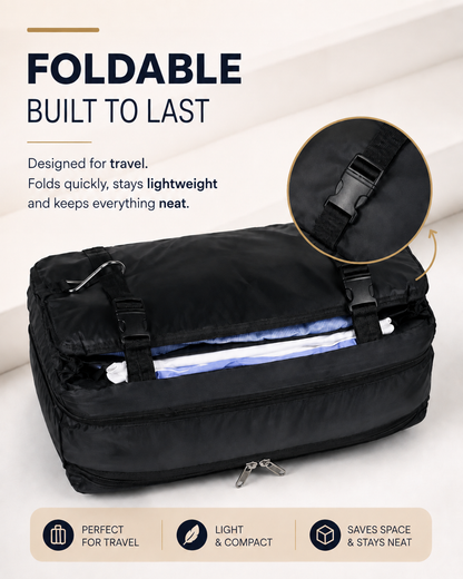 Folded black organiser with shirts tucked inside, secured by two buckle straps, plus a close-up of a buckle 5