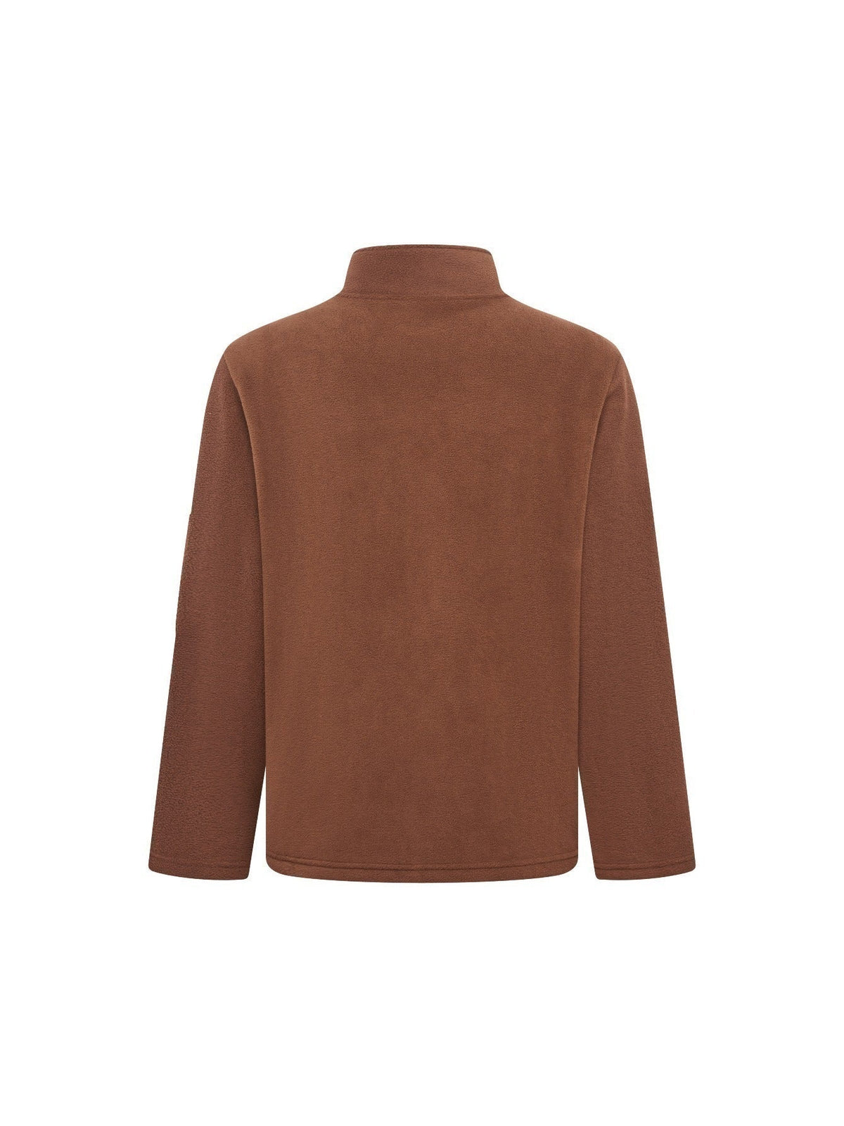 Back view of the brown fleece jacket, plain with a stand collar 7