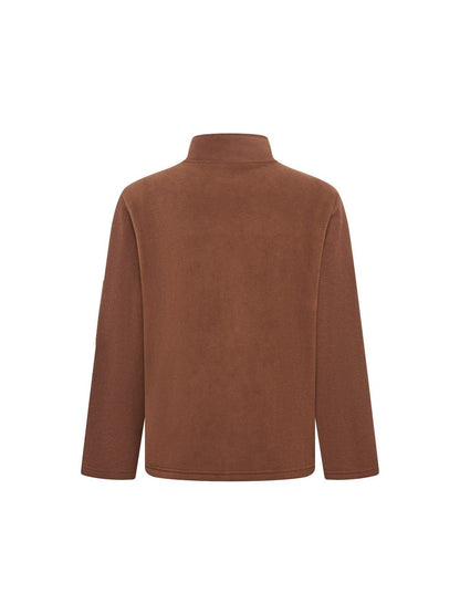Back view of the brown fleece jacket, plain with a stand collar 7
