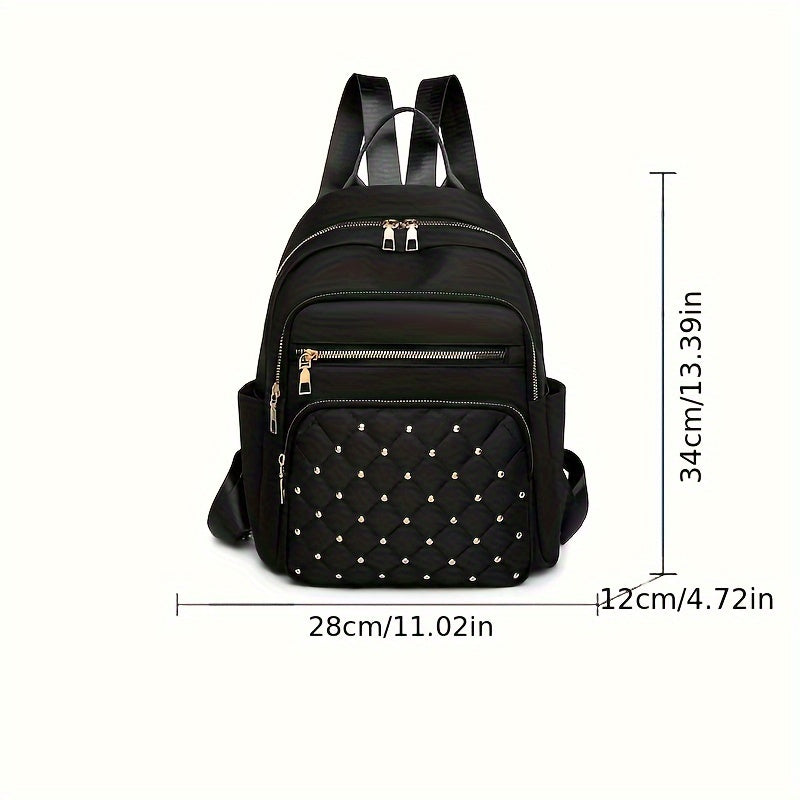 Black backpack front view with dimension lines marking its height, width and depth 3