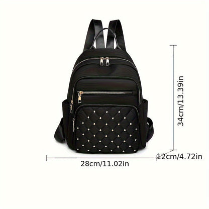 Black backpack front view with dimension lines marking its height, width and depth 3