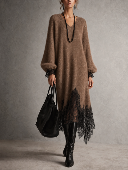 Model wearing the dress in a brown shade with black lace hem and cuffs, boots and tote 8