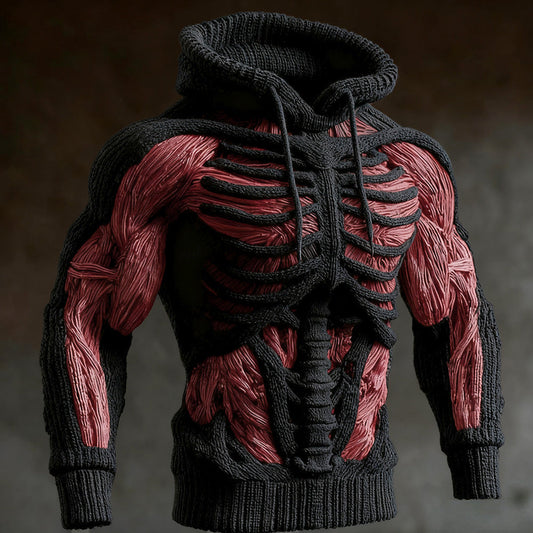 Black version of the knitted hoodie, showing raised ribs and spine against red muscle-pattern panels 2