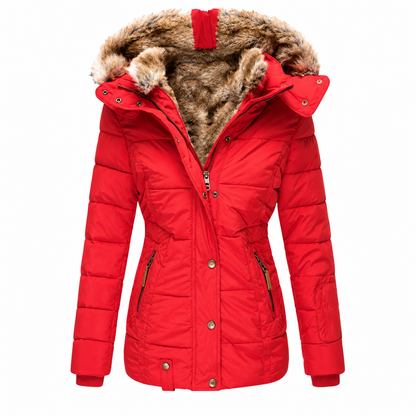 Red fitted quilted parka with fur-lined hood, front view on a plain white background 8
