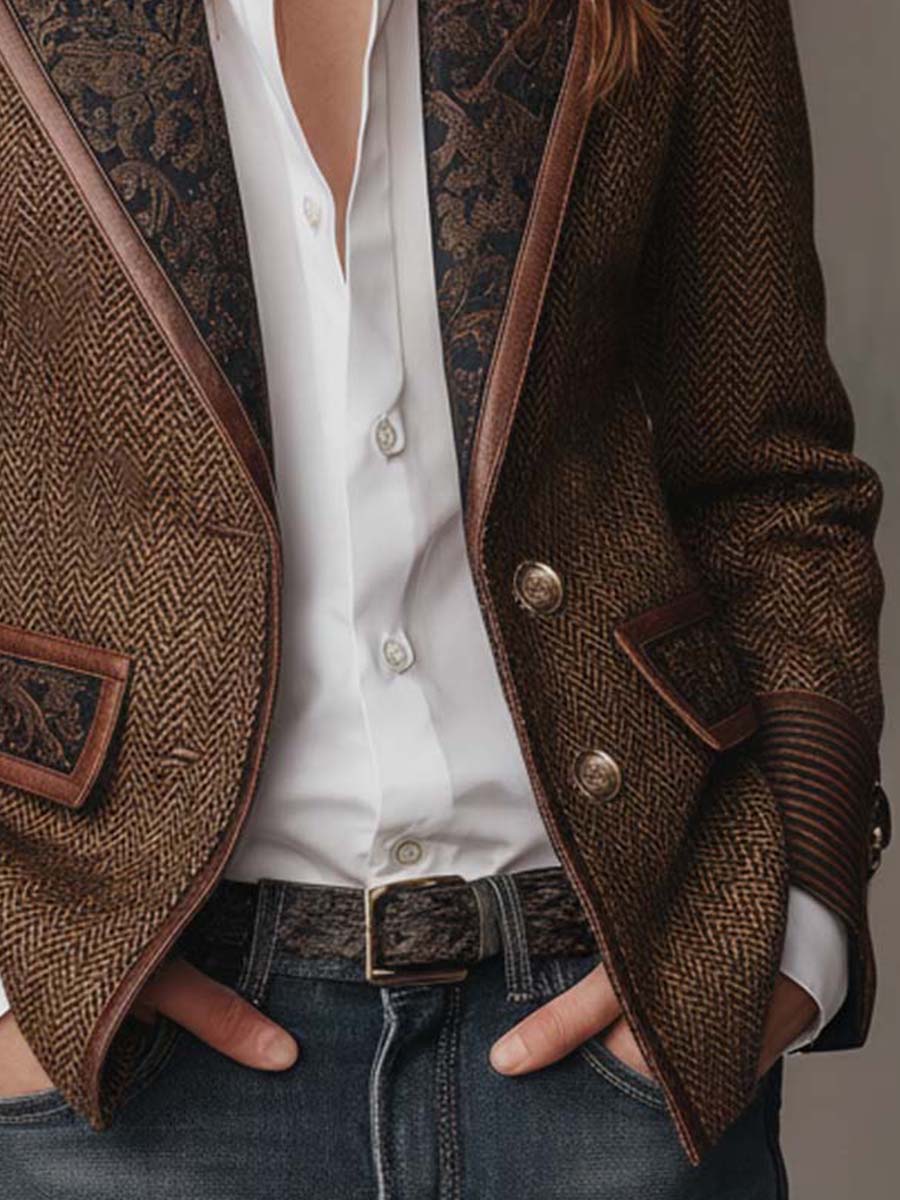 Mid-section view showing the two front buttons, edged pocket flaps, patterned belt and jeans 8