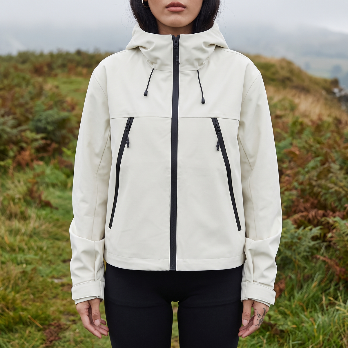 Cream hooded jacket worn by a woman on a misty hillside, front view, zipped up 1
