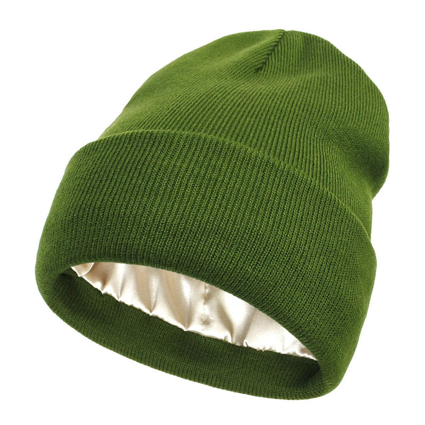 Olive green ribbed knit beanie with folded cuff and cream satin lining visible inside 7