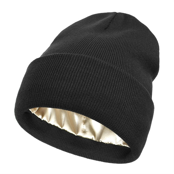 Black ribbed knit beanie with turned-up cuff, showing the pale gold satin lining 6