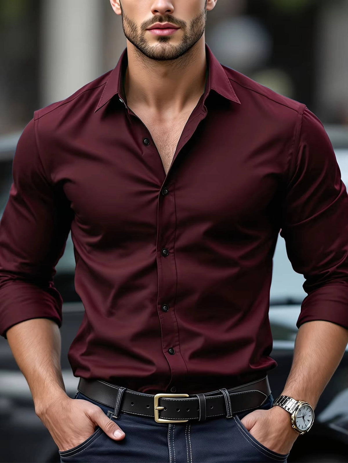 Model wearing the shirt in burgundy with sleeves rolled, black belt, navy jeans and a wristwatch 1
