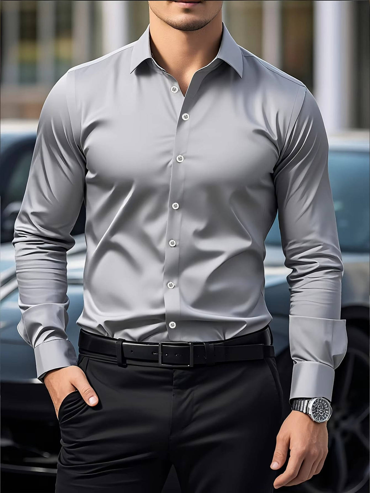 Model wearing the shirt in grey with white buttons, black trousers, belt and a steel watch 4