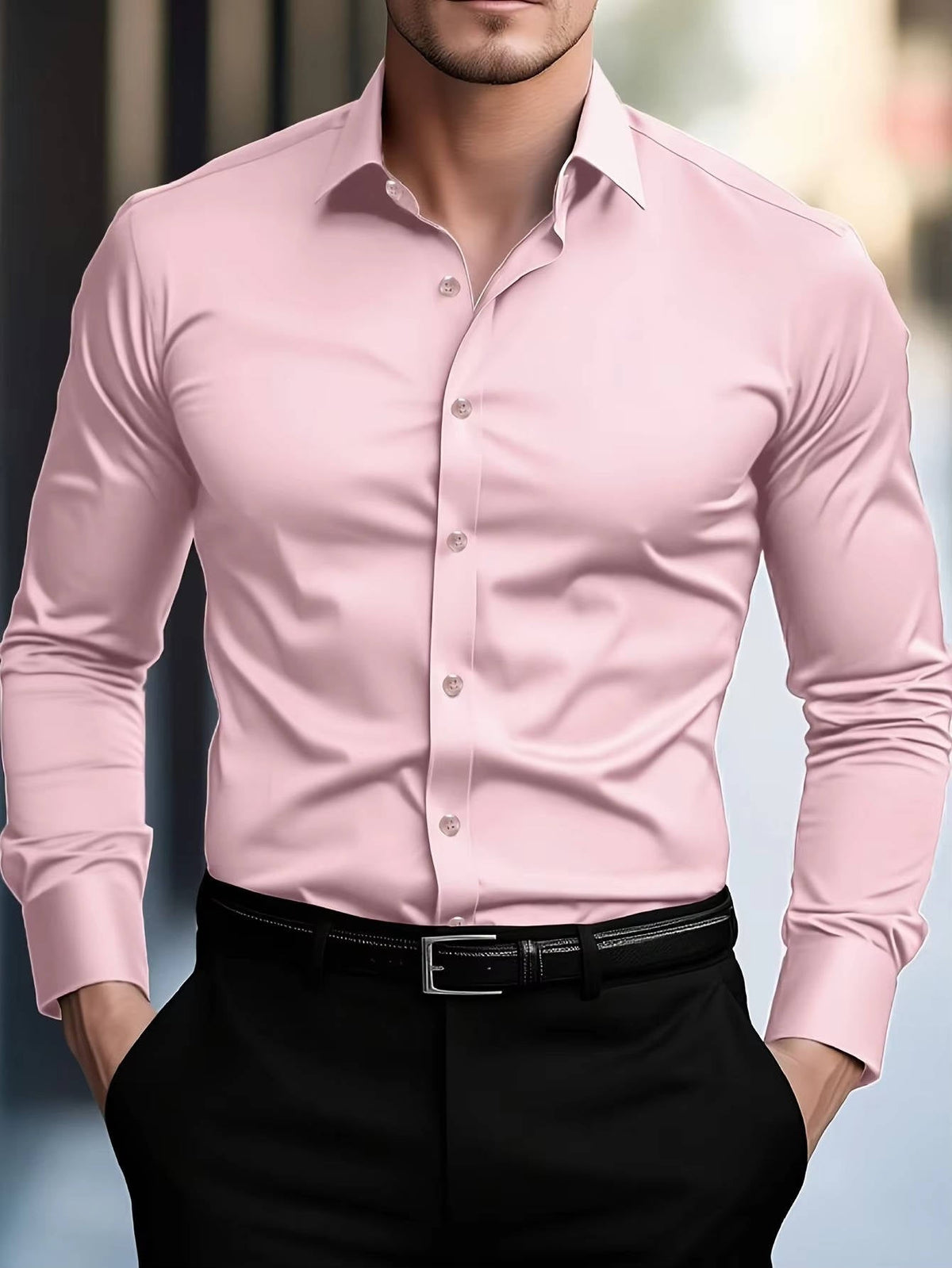 Model wearing the shirt in light pink with black trousers, hands in pockets, buttoned to the collar 5