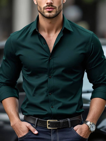 Model wearing the shirt in dark green with sleeves rolled, black belt, navy jeans and a watch 8