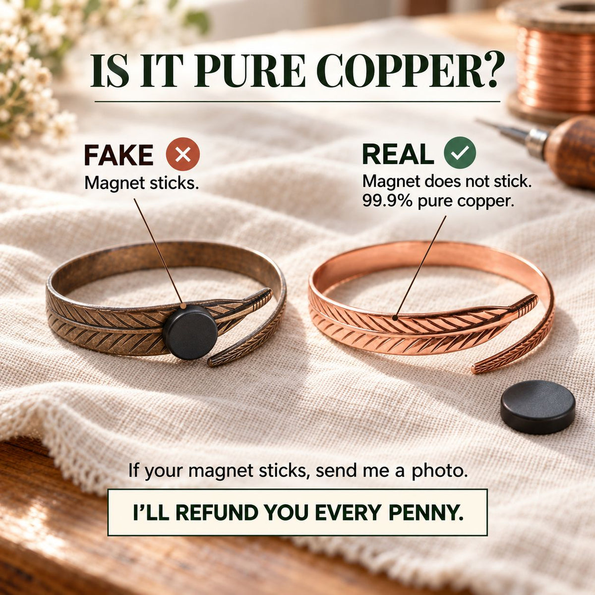 Infographic comparing a darker feather-patterned cuff with a copper one, using a magnet to test for pure copper 3