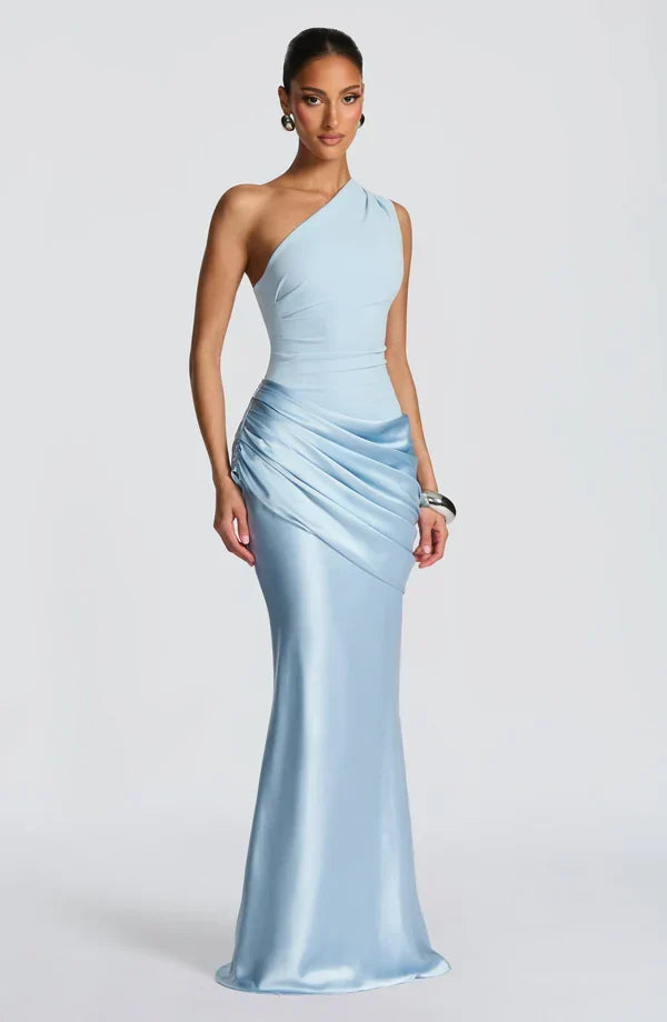 Front view of the pale blue dress on a model, showing the asymmetric neckline and ruched satin skirt. 2