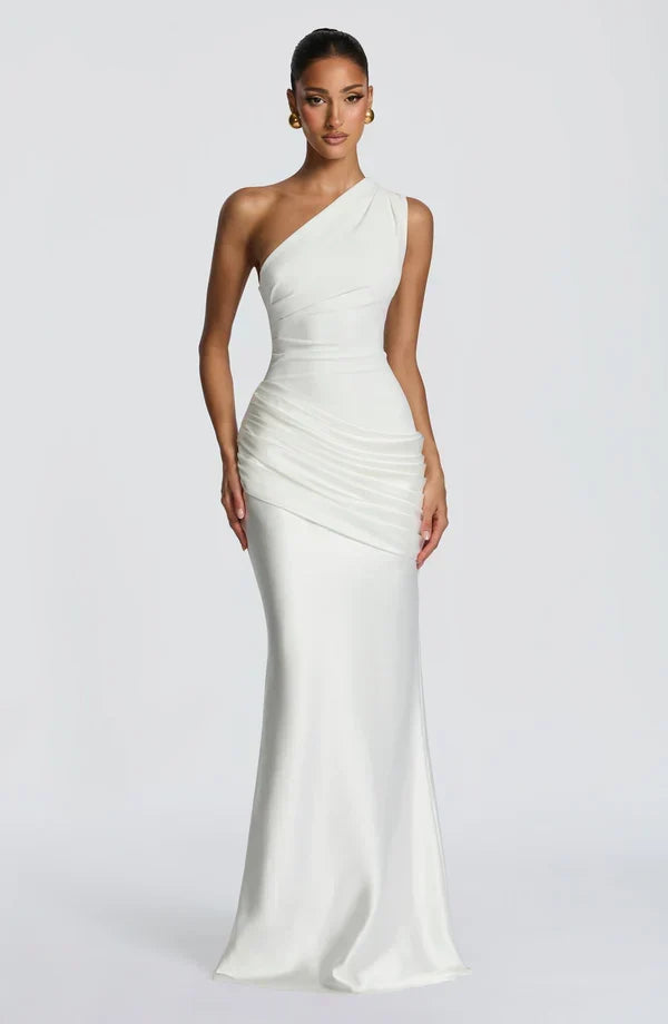 Front view of the ivory white dress with a one-shoulder neckline and ruched satin hip drape. 14