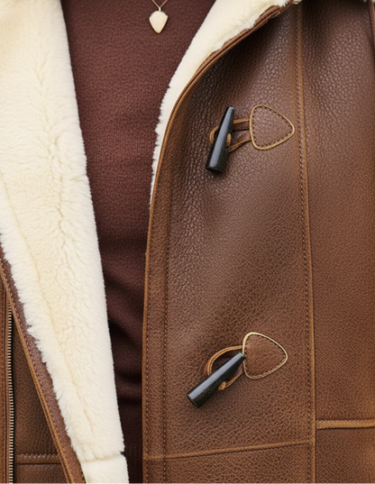 Close-up of the front of the coat showing two dark toggle fastenings, grained brown leather, contrast stitching and cream fleece lining. 3