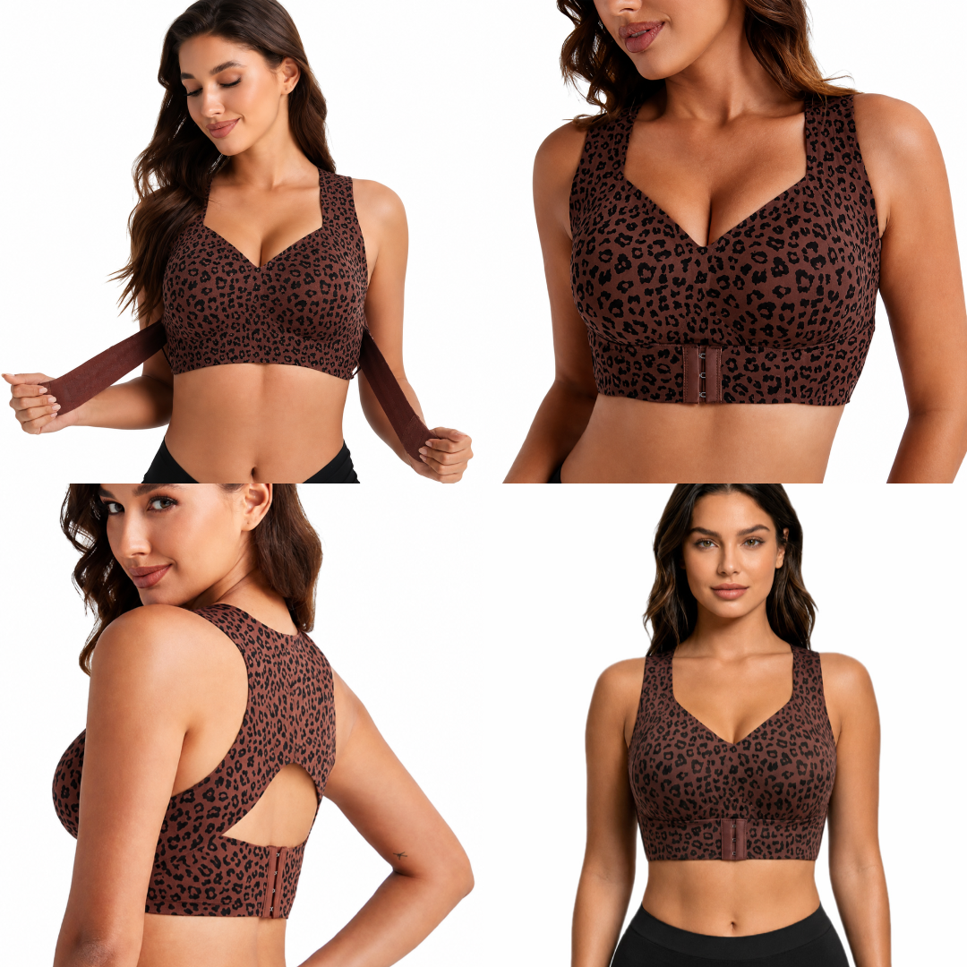 Four views of a model wearing the leopard-print bra in brown: stretching the band, front close-up, open back and full front. 8