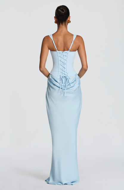Back of the pale blue maxi dress, showing the lace-up corset closure, adjustable straps and gathered drape 19