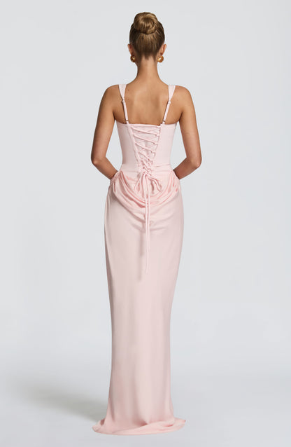 Back of the light pink maxi dress, showing the lace-up corset back, long ties and gathered drape 15