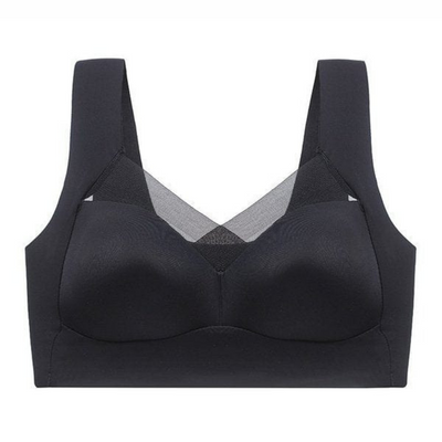 Single black seamless bra shown flat from the front, with mesh V-neck panel and wide straps 12