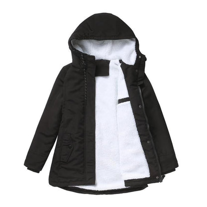 Black parka laid flat and open, showing the white fleece lining inside the body and hood 4