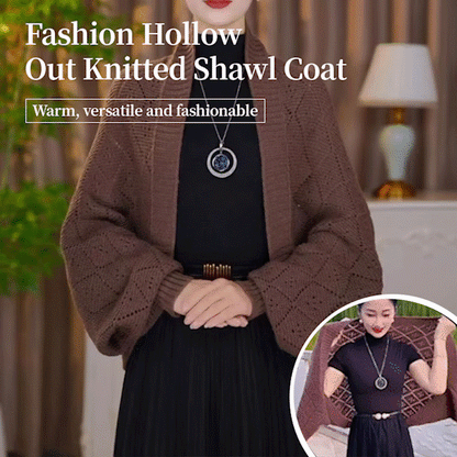 Promotional image of the brown knitted shawl cardigan, with an inset of a model draping it as a stole 11