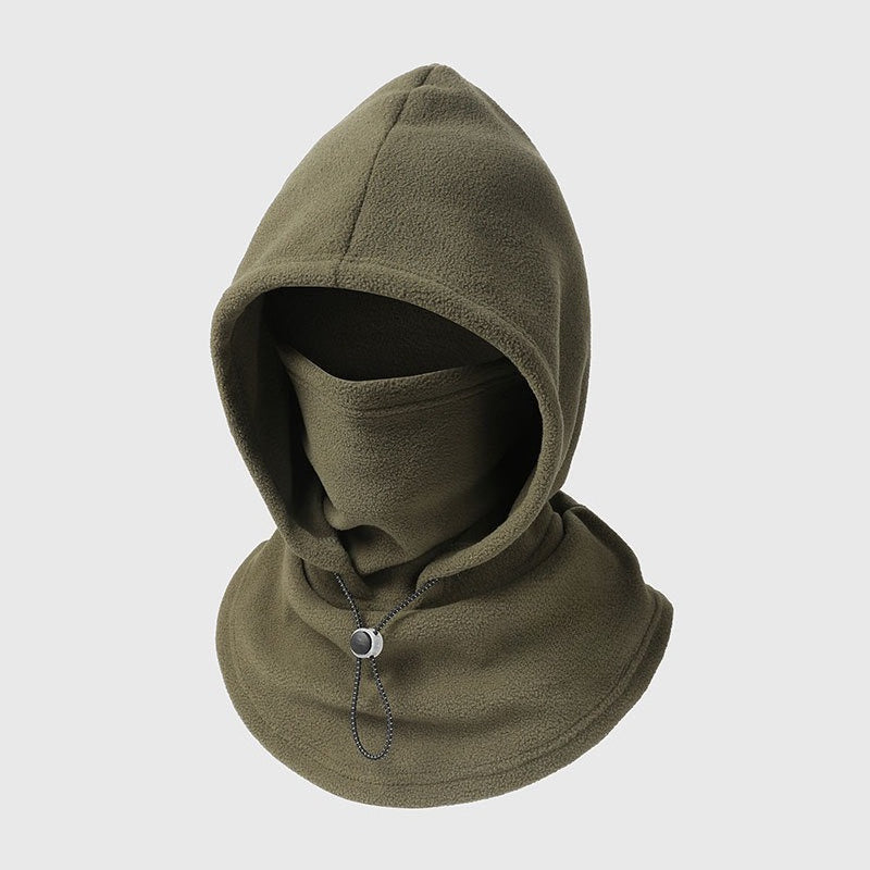 Olive green fleece hood with face cover and a drawstring toggle at the front 8