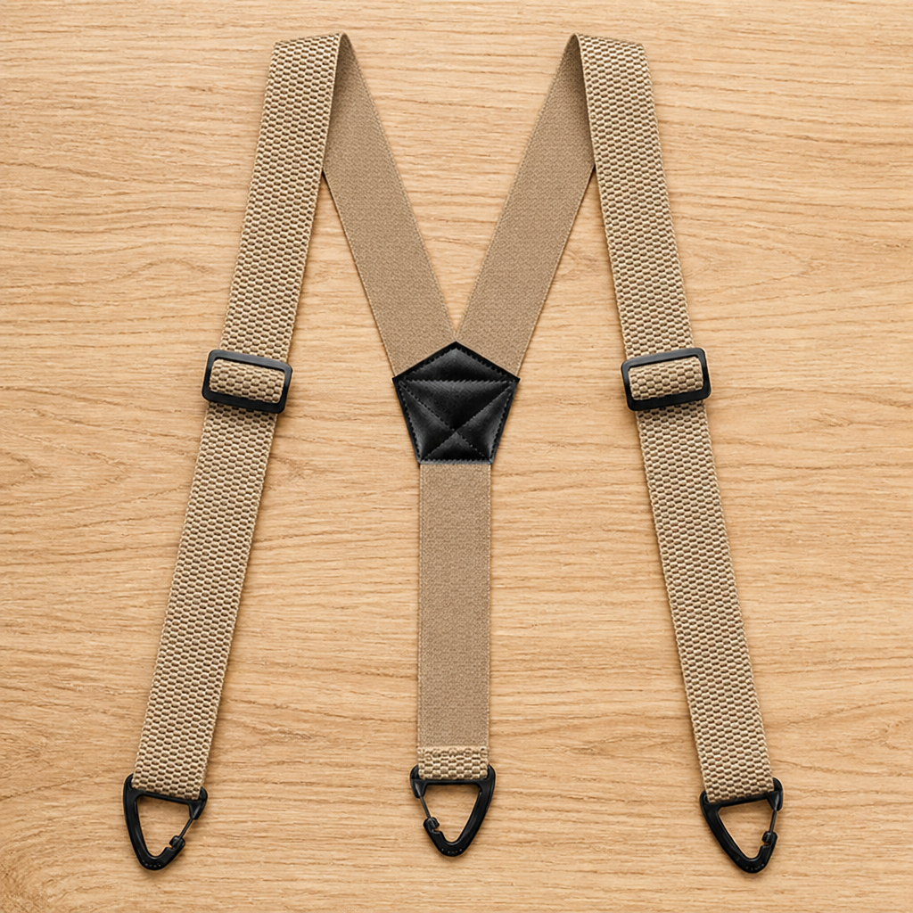 Beige Y-back suspenders laid flat on a wooden surface, with black adjusters, a black centre patch and three black clips. 15