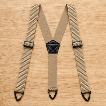Beige Y-back suspenders laid flat on a wooden surface, with black adjusters, a black centre patch and three black clips. 15