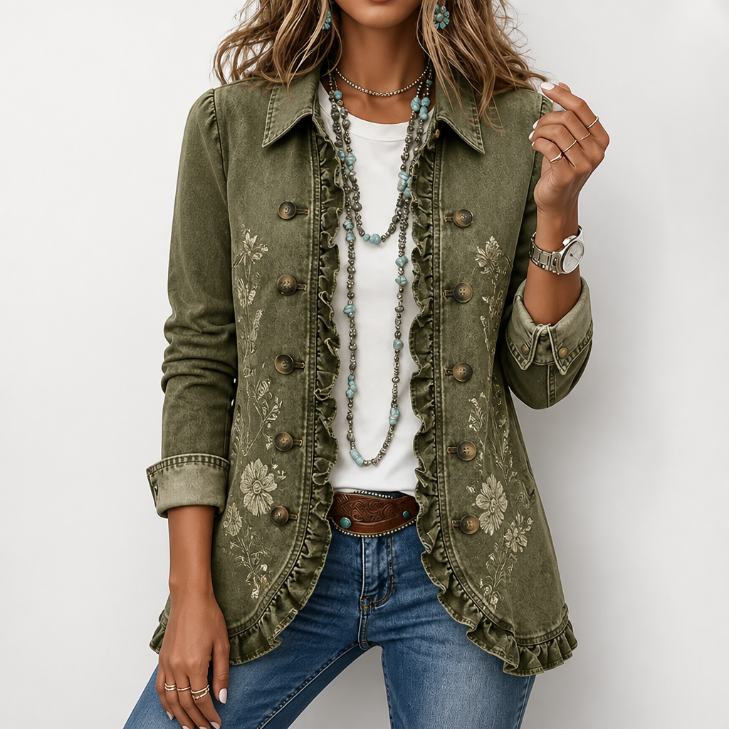Washed olive green version with fine pale floral embroidery, brass buttons and ruffle trim, worn over a white top and jeans. 5