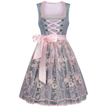 Grey dirndl with pink floral lace overskirt, pink satin lace-up front and large side bow, shown flat on white. 1
