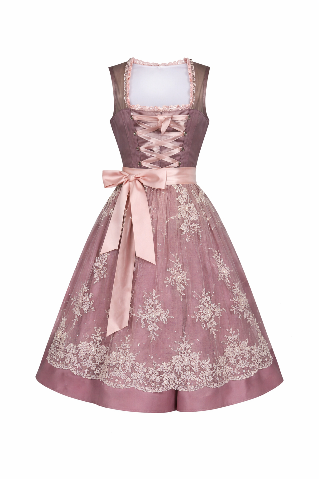 Front view of a mauve dirndl with pink lace-up ribbon, pink satin bow and a cream floral lace overlay skirt. 3
