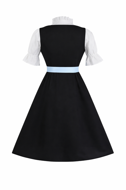 Back view of the black dirndl dress with white ruffled blouse and a pale blue waist band, showing the plain back. 2
