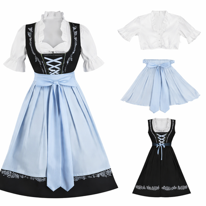 Dirndl set shown assembled on the left, with the white blouse, pale blue apron and black embroidered dress laid out separately on the right. 3