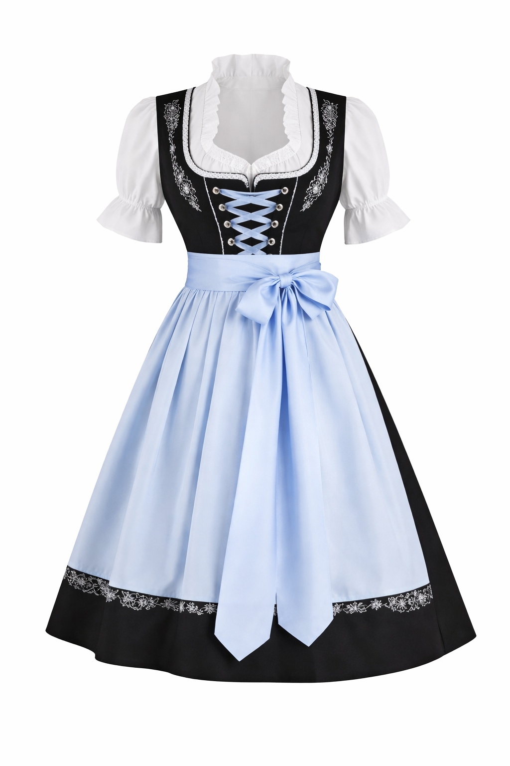 Front view of the complete dirndl on a mannequin, with floral embroidery, blue lace-up bodice, white blouse and bow-tied pale blue apron. 4
