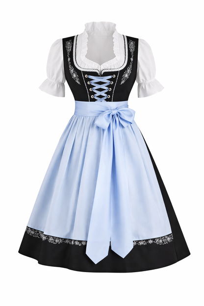 Front view of the complete dirndl on a mannequin, with floral embroidery, blue lace-up bodice, white blouse and bow-tied pale blue apron. 4
