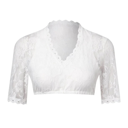 White lace crop top laid out flat from the front, showing the scalloped V-neckline, short lace sleeves and gathered hem. 3