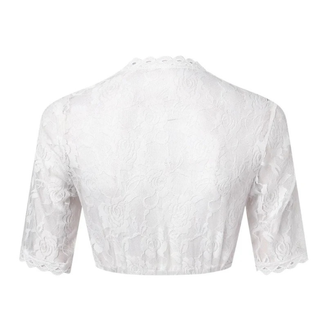 Back of the white lace crop top on its own, showing the all-over rose lace pattern, scalloped collar edge and sleeve trim. 5