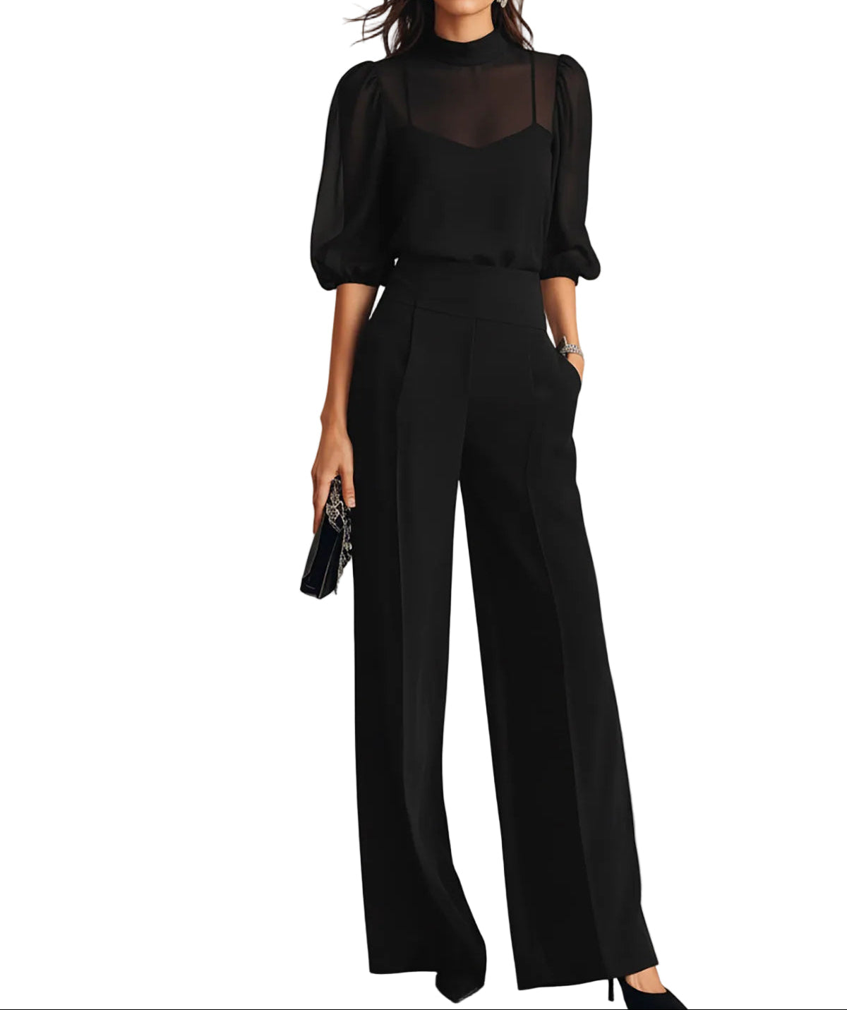 Model on a plain white background wearing the black set: sheer high-neck top with puff sleeves over a camisole and wide-leg trousers. 1