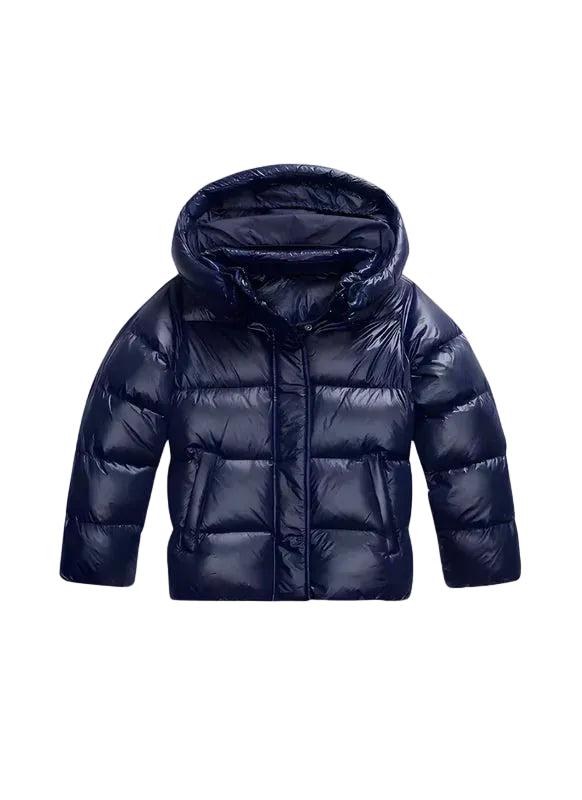 Front view of the glossy navy blue version, showing the hood, zip placket and side pockets 2