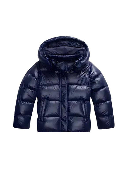 Front view of the glossy navy blue version, showing the hood, zip placket and side pockets 2