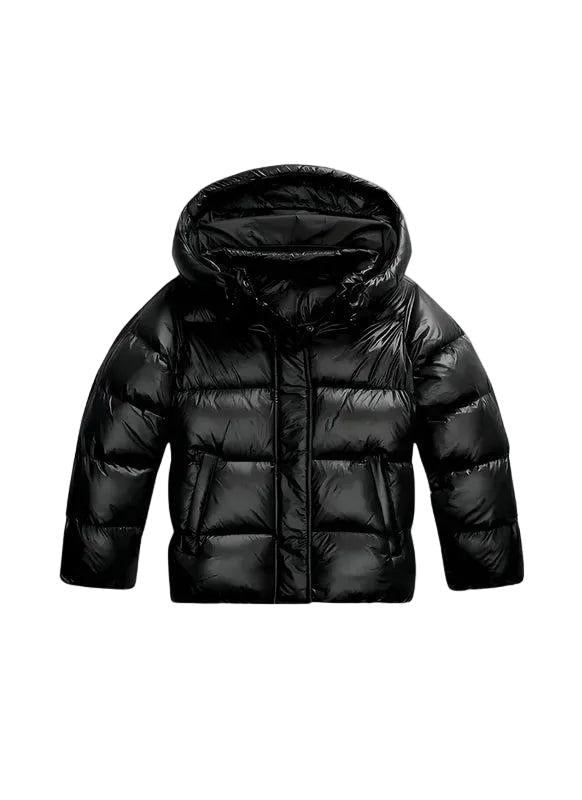 Front view of a glossy black hooded puffer jacket with horizontal quilting and zipped front 1