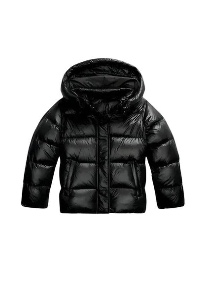 Front view of a glossy black hooded puffer jacket with horizontal quilting and zipped front 1