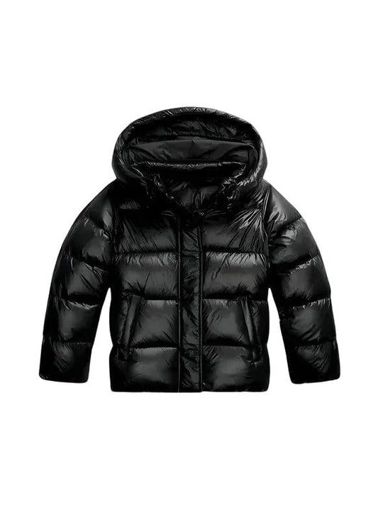 Front view of a glossy black hooded puffer jacket with horizontal quilting and zipped front 1