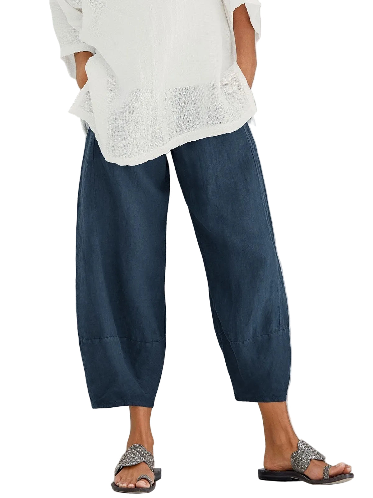 Navy blue cropped wide-leg trousers with a gathered waist, worn with a loose white top and studded sandals. 1