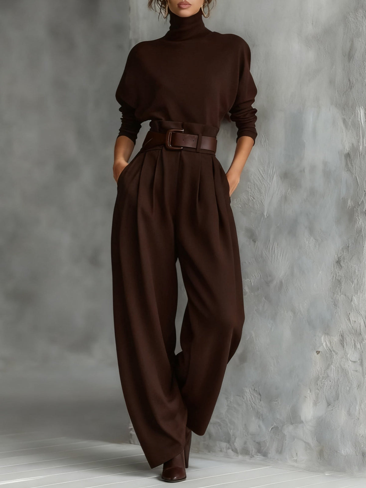 Model wearing the dark brown set with matching brown belt and boots, hands in pockets 5