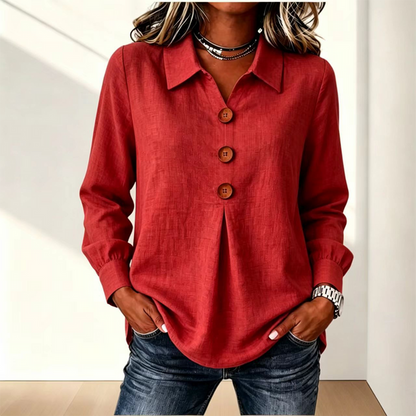 Red version of the shirt worn with jeans, front view with pleat below buttons 10
