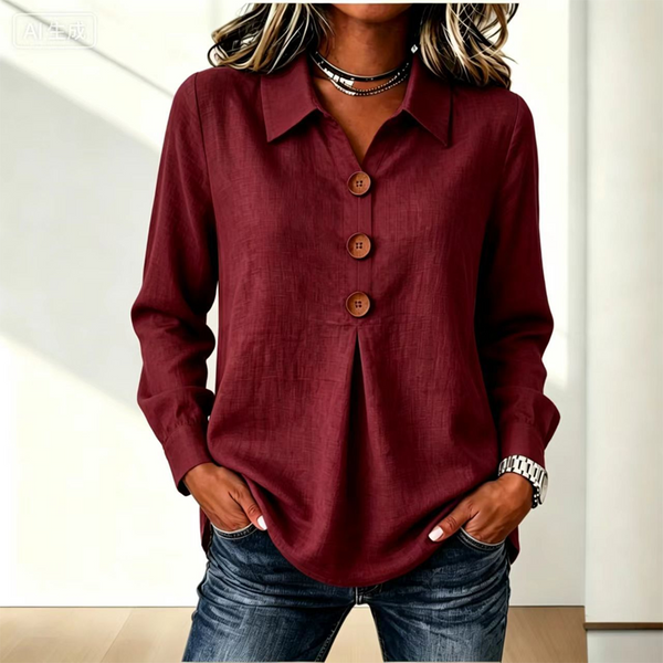 Burgundy version of the shirt worn with jeans, showing the curved hem 11