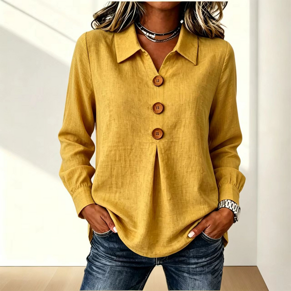Mustard yellow version of the shirt worn with jeans, front view 13