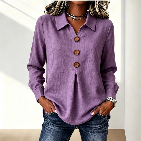 Purple version of the shirt worn with jeans, with gathered cuffs and wooden buttons 14